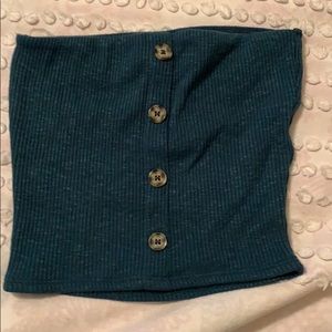 green strapless top with buttons